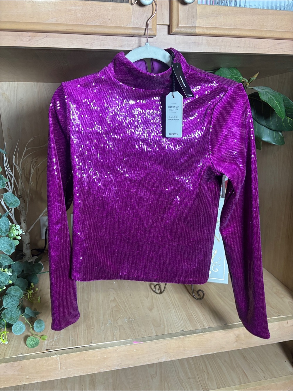 Express Magenta Sequin Mock Neck Top